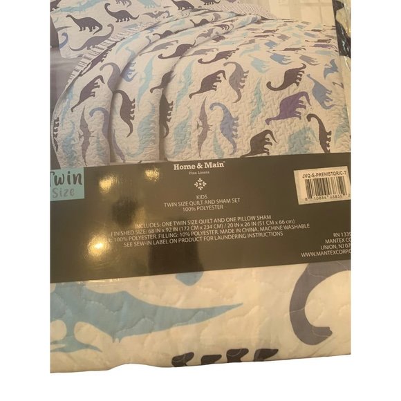 Home & Main Kids Quilt and Sham Set White Blue Dinosaur Pattern Twin Size - Picture 5 of 8